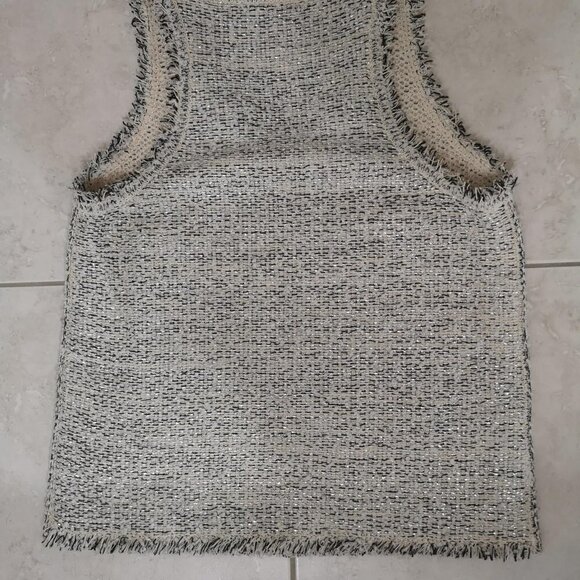 Balenciaga Tweed Fringe Ecru/black/silver Raw Edge Trimmed Loose Sleeveless Top - Picture 12 of 14